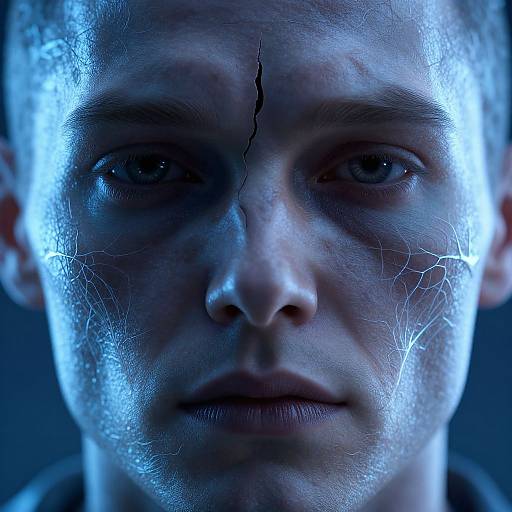 Close-up photograph of a serious, blue-lit, young Caucasian man with a cracked face, visible skin texture, and intense gaze.
