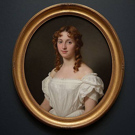 Photograph of a 19th-century painted portrait of a young woman with curly brown hair, wearing an off-shoulder white dress, framed in