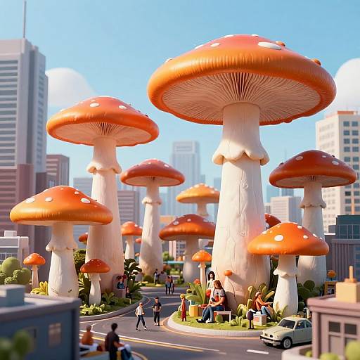 CGI cityscape with giant orange and white mushrooms towering over urban buildings, people walking and cars driving around them. Bright, sunny day.