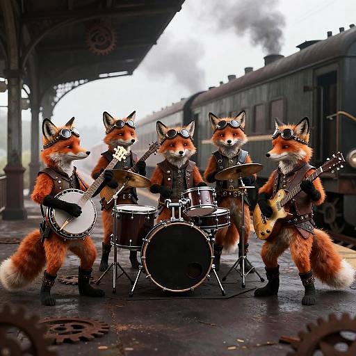 Steampunk Fox Rock Band at Train Station
