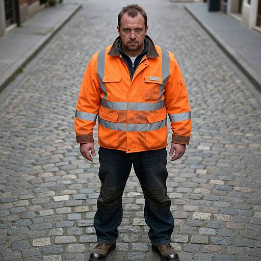 Photograph of a middle-aged man with short brown hair and beard, wearing an orange high-visibility jacket and black pants, standing on a cobble