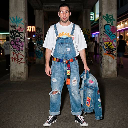Photograph of a bearded man in white t-shirt and ripped denim overalls, holding a similarly distressed denim jacket, standing in a graffiti-covered urban