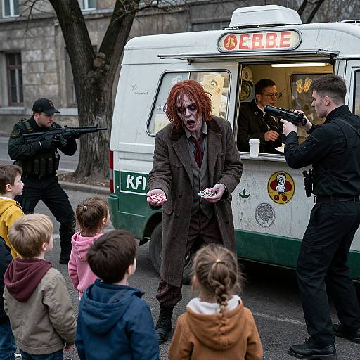 Photograph of a red-haired man in a dark coat, shouting at armed police and children near a white van with Korean text. Urban street, winter