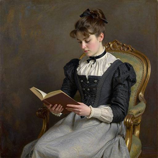 Photograph-style painting of a Victorian-era woman with dark hair in an updo, wearing a black dress and white ruffled blouse, reading a book