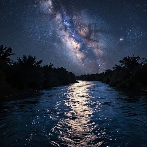 Photograph of a nighttime river reflecting starry Milky Way, with silhouetted trees on both sides under a vibrant, sparkling sky.