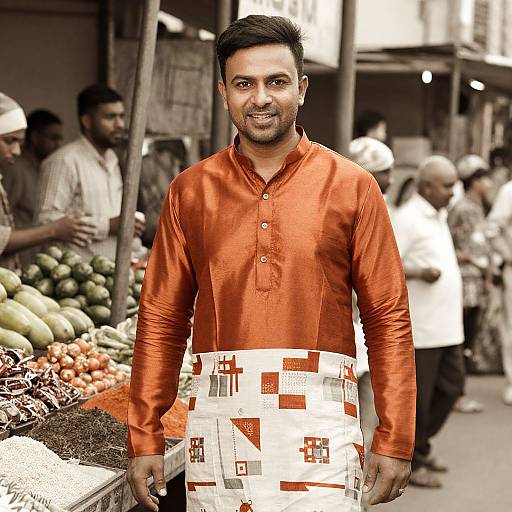 Photograph of a smiling South Asian man in an orange kurta and white patterned dhoti, standing in a bustling outdoor market with various fruits