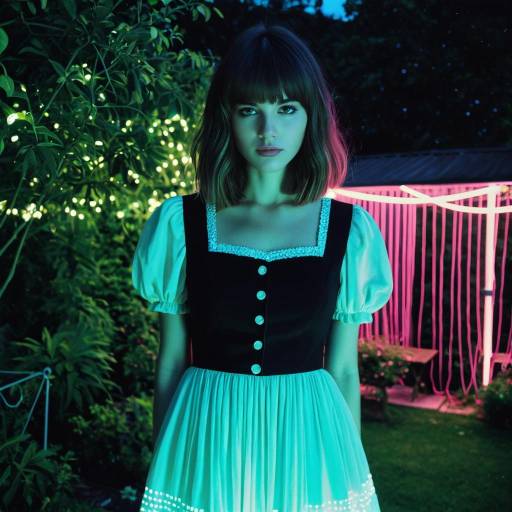 Woman with Curtain Bangs in Neon Garden