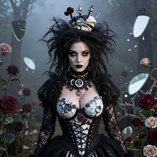Gothic woman in intricate black lace dress, adorned with skull and rose accessories, wearing a wild feathered hat, set in a foggy rose