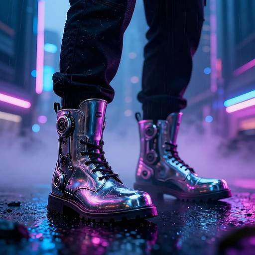 Neon-lit urban night scene photograph, showcasing reflective, metallic silver boots on wet pavement, with blurred colorful neon lights in the background.