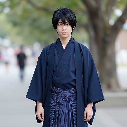 Photograph of an Asian man with short black hair, wearing a black kimono with navy striped hakama, standing in a blurred outdoor setting with trees