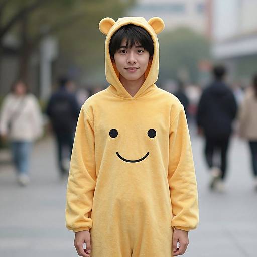 Photograph of an Asian man in a yellow bear-themed onesie with a smiley face and bear ears, standing on a city street with blurred pedestrians