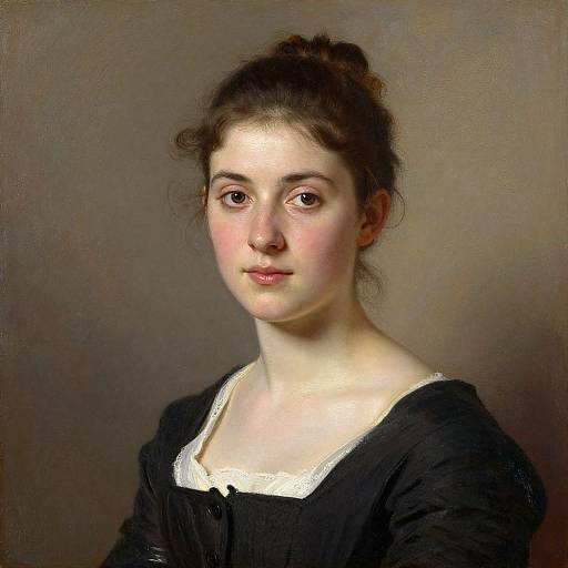 Oil painting of a young woman with fair skin, dark brown hair in a bun, wearing a black dress with white trim, against a brown background.