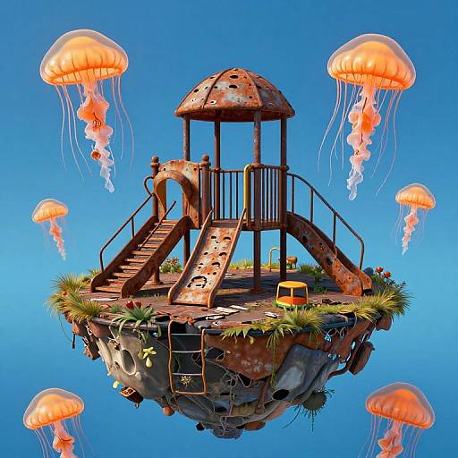 Digital illustration of a rusty, wooden lifeguard tower on a floating rock, surrounded by vibrant orange jellyfish, against a clear blue sky.