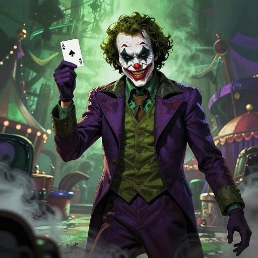 Digital art of Joker in a purple suit, holding a spade card, with a menacing grin in a smoky, carnival-like background.