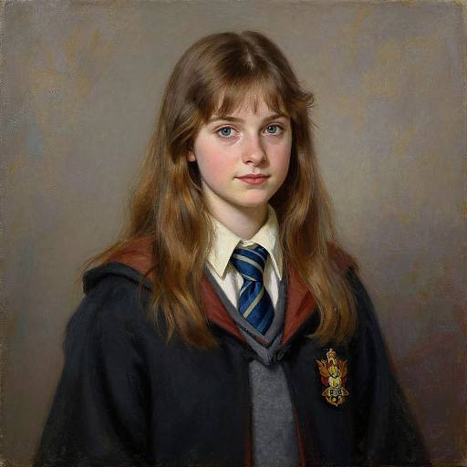 Photorealistic portrait of a young Caucasian girl with fair skin, brown wavy hair, wearing a Hogwarts school uniform, dark cape, striped tie,