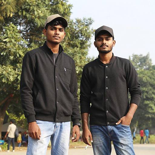 Two Young Men in Black Jackets Outdoors