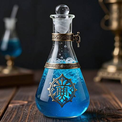 Photograph of a glass potion bottle with blue liquid, bubbles, ornate silver bands, and an Asian-inspired emblem, set on a dark wooden table