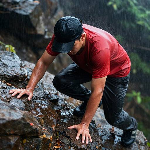Focused Man in Rainy Cliff Setting