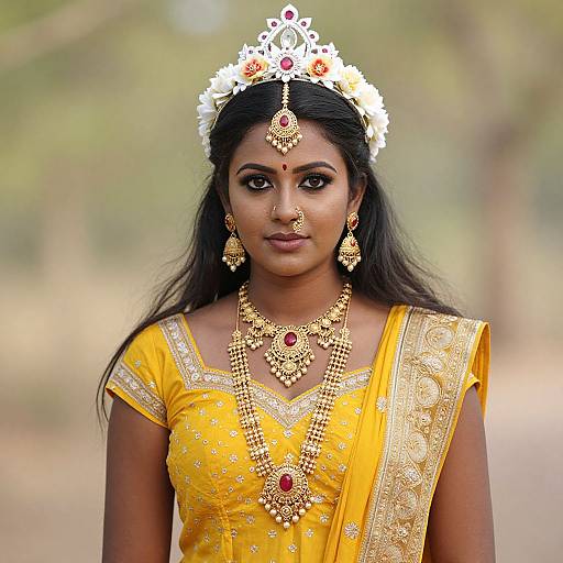 Photograph of a young Indian woman with dark skin, wearing a yellow saree, adorned with gold jewelry, white floral headpiece, and red gem