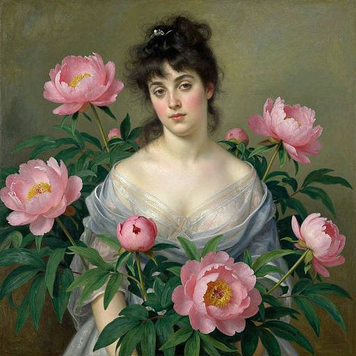 Neoclassical painting of a fair-skinned woman with dark hair, wearing a white lace dress, surrounded by pink peonies.