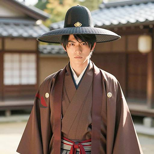 Young Man in Traditional Japanese Kimono and Hat
