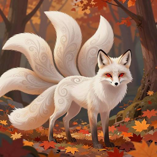 White Nine-Tailed Fox in Autumn Forest