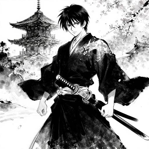 Black-and-white manga-style drawing of a serious young samurai in traditional attire, holding a sword, with a traditional Japanese pagoda in the background.