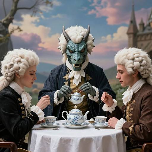 Photorealistic digital painting of two 18th-century men with white wigs, seated at a table with a dragon-headed man, having tea in