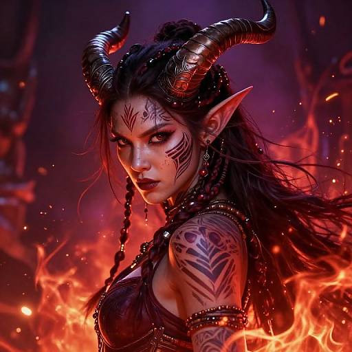 Digital artwork of a fierce, dark-haired demoness with red glowing eyes, black tribal tattoos, and large curved horns, surrounded by fiery red and orange