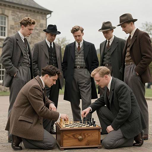 1940s Chess Game Outdoors with Men