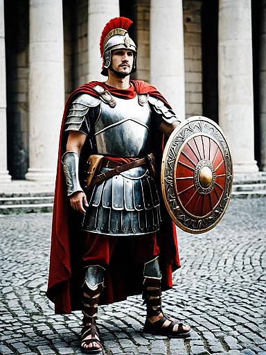 Man in Roman Soldier Costume with Shield