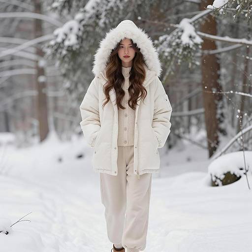 Cozy Winter Fashion in Snowy Forest