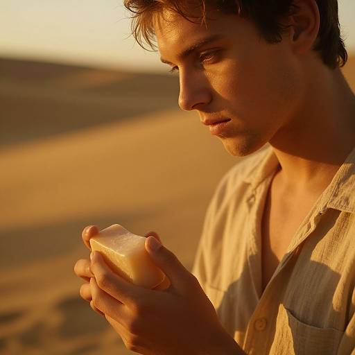 Photograph of a young Caucasian man with short brown hair, wearing a beige shirt, holding a translucent rock in a golden desert. Sunlight casts warm