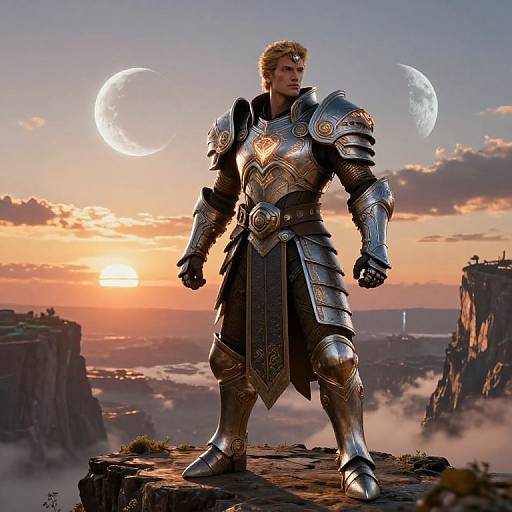 Blonde man in ornate silver armor stands on cliff at sunset, with two crescent moons in the sky, overlooking a misty valley. Phot