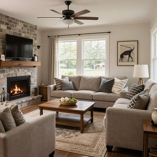 Modern living room photograph: gray sofas, stone fireplace, wooden coffee table, fruit bowl, ceiling fan, large windows, deer artwork, beige rug,