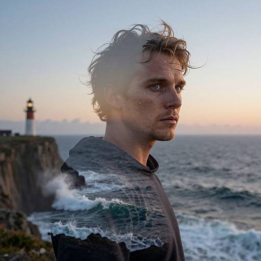 Photograph of a wet, blue-eyed, blonde-haired man with tousled hair, standing by a rocky coastline at sunset, lighthouse in background,