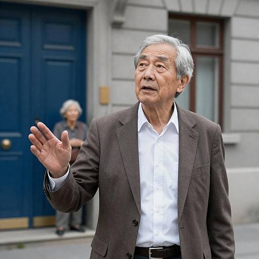 Elderly man gesturing outdoors