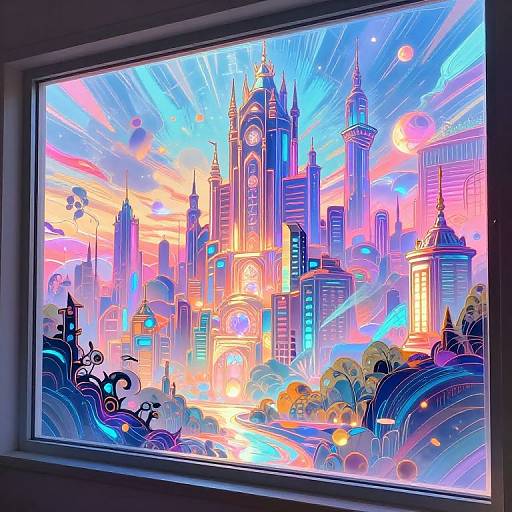 Vibrant digital painting of a futuristic cityscape with neon skyscrapers, radiant sun, and colorful clouds through a window. Dynamic, radiant colors