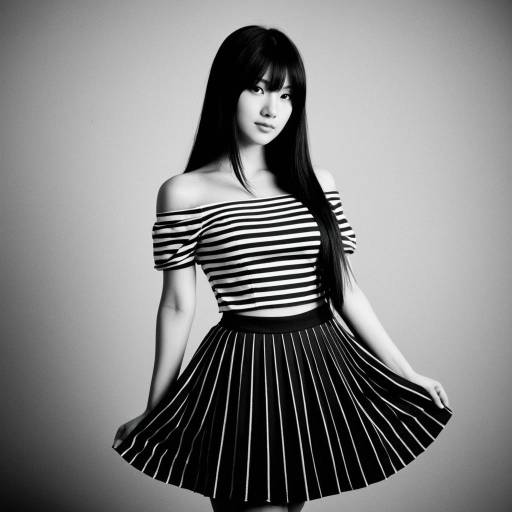 Young Woman in Striped Off-Shoulder Top and Pleated Skirt