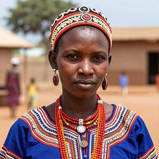 Photograph of an African woman with dark skin, wearing intricate red and gold headpiece, red bead necklace, and colorful traditional blue dress, standing in