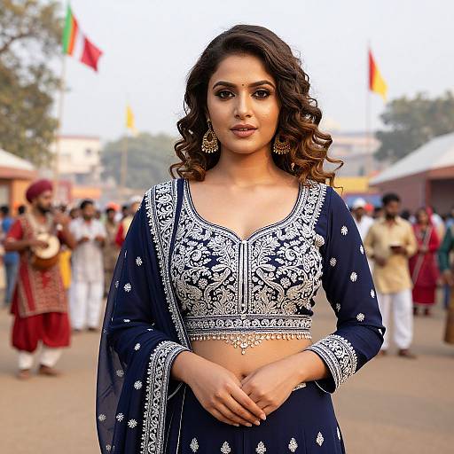Photograph of an Indian woman with medium brown skin, curly dark brown hair, wearing a navy blue traditional embroidered top and dupatta, standing in a