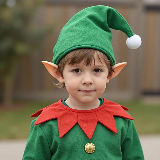 Photograph of a young boy with elf costume: green hat, red collar, pointed ears, smiling, brown hair, green shirt, gold button,