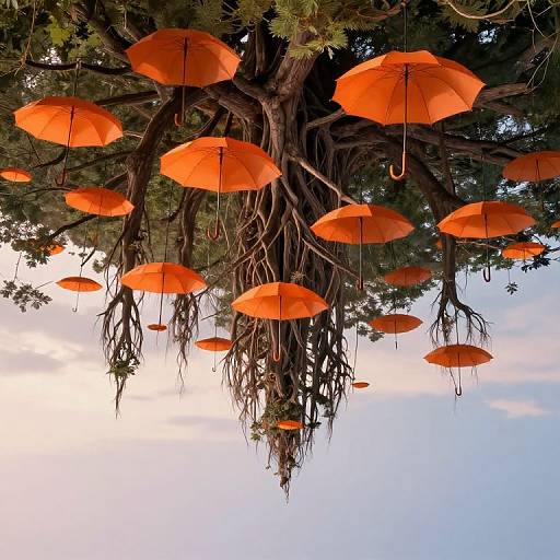 Photograph of bright orange umbrellas hanging from a large tree with drooping branches, set against a blue sky with wispy clouds.
