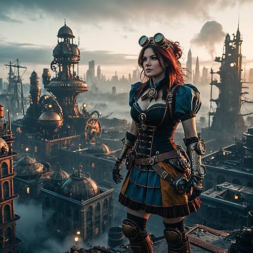 Steampunk Woman in Apocalyptic Cityscape