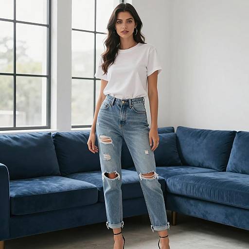 Confident woman in white top and ripped jeans indoors