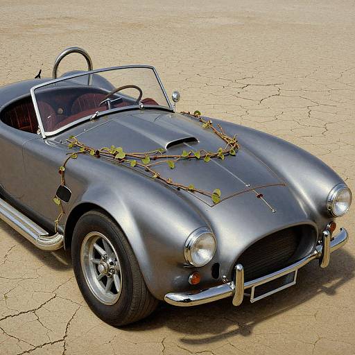 Photograph of a silver vintage convertible car with vines draped over the hood, parked on cracked, dry desert ground.