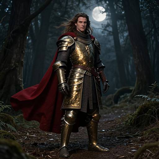 Photorealistic digital artwork of a tall, muscular man with long brown hair, wearing golden armor and a red cape, standing in a moonlit forest
