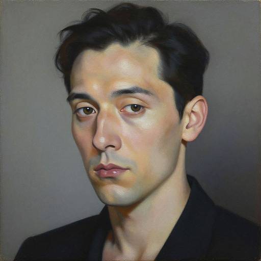 Digital portrait of a young man with fair skin, dark hair, and brown eyes, wearing a black shirt, against a gray background.