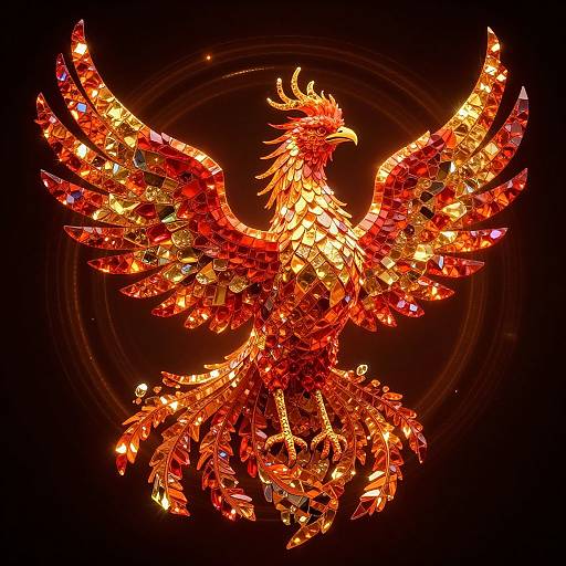 Vibrant, mosaic-style phoenix sculpture with fiery red, orange, and yellow gemstones, wings spread wide, illuminated against a dark background.