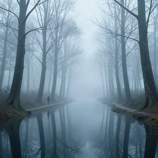 Photograph of a misty forest path reflected in a calm, mirror-like canal, with a solitary figure walking in the distance.